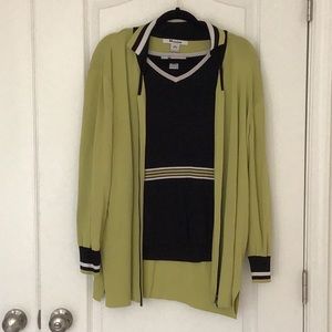 Green cardigan and black top